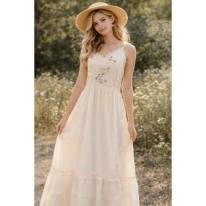 VTG 1970s Ivory Lace Prairie Maxi Dress Romantic Boho Fairy Candi Jones 11